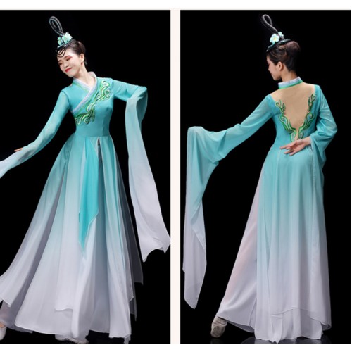 Women chinese folk classical dance costumes mint water sleeves hanfu Fairy Dance Costume long-sleeved princess dresses Jinghong dance long-sleeved costumes